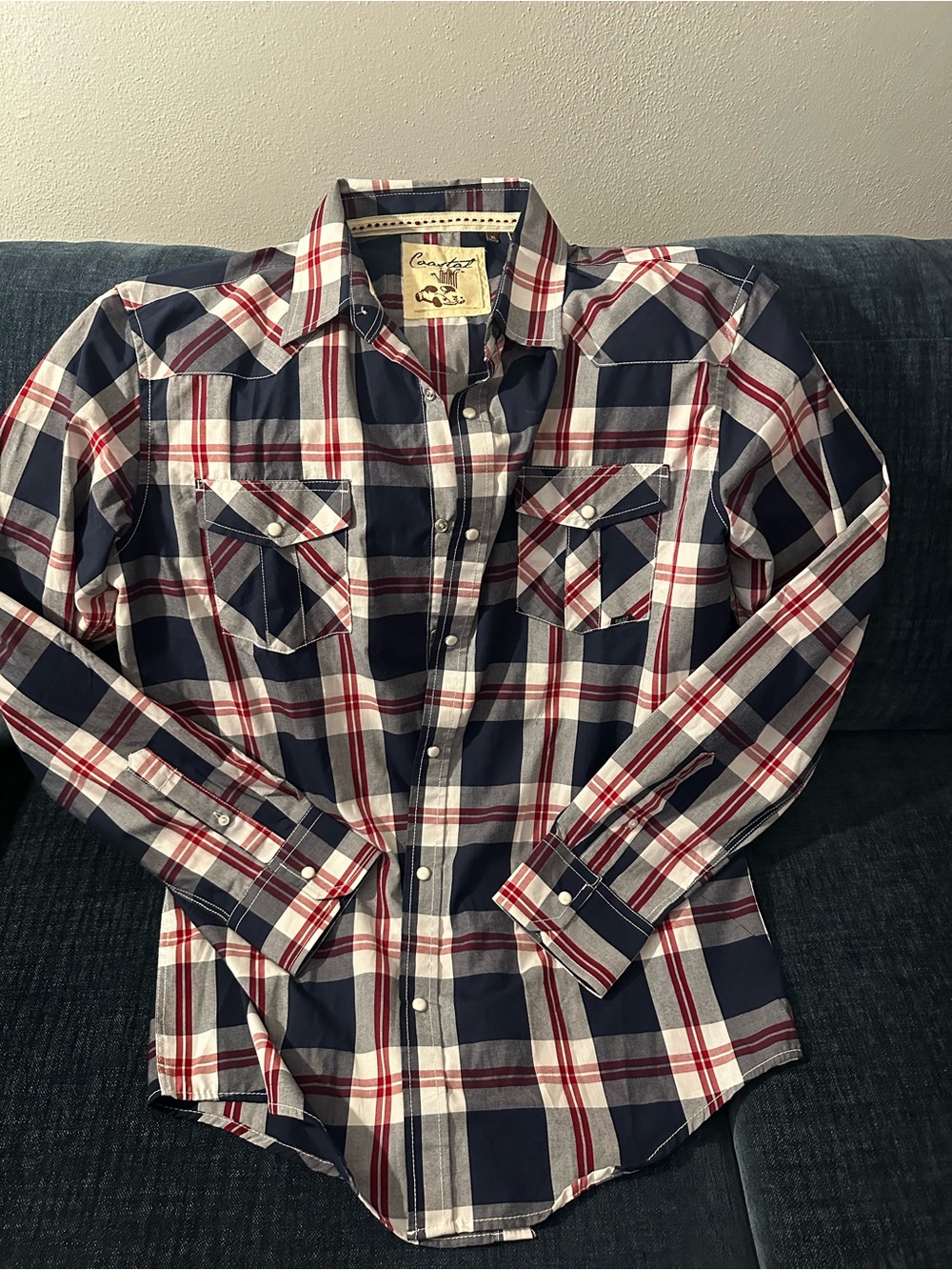 Coastal Vintage-Inspired Navy & White Plaid Western Shirt with Red Accents